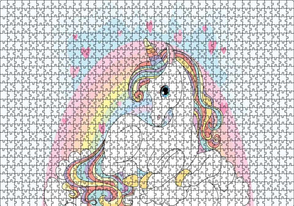 Unicorn Bulutlar ve Kalpler Puzzle Yapboz MDF Ahşap 1000 Parça 49 cm X 68 cm