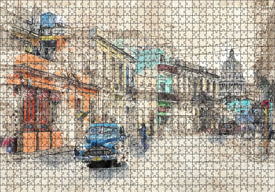 Küba Sokak Manzarası Çizim Puzzle Yapboz MDF Ahşap 1000 Parça 49 cm X 68 cm