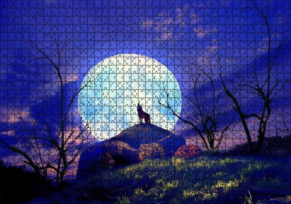 Çıplak Ağaçlar, Uluyan Kurt ve Süper Ay Puzzle Yapboz MDF Ahşap 1000 Parça 49 cm X 68 cm