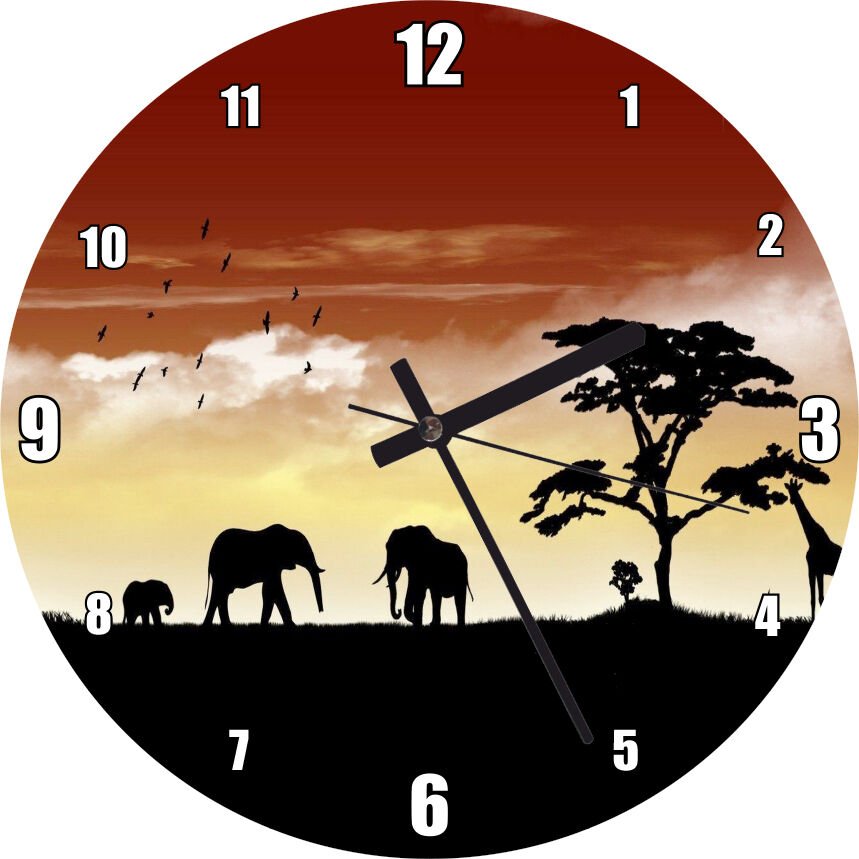 Afrika Yaban Hayatı Silüet Kompozisyon Mdf Ahşap Duvar Saati 50 cm Çap