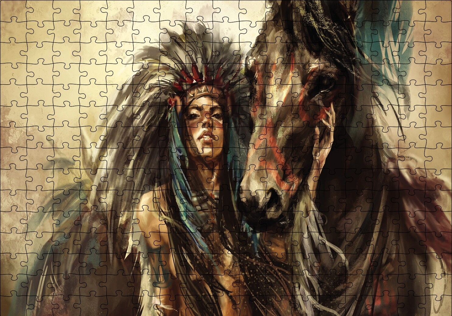 Yağlı Boya At Kızılderili Kadın Puzzle Yapboz MDF Ahşap 255 Parça 34 cm X 49 cm