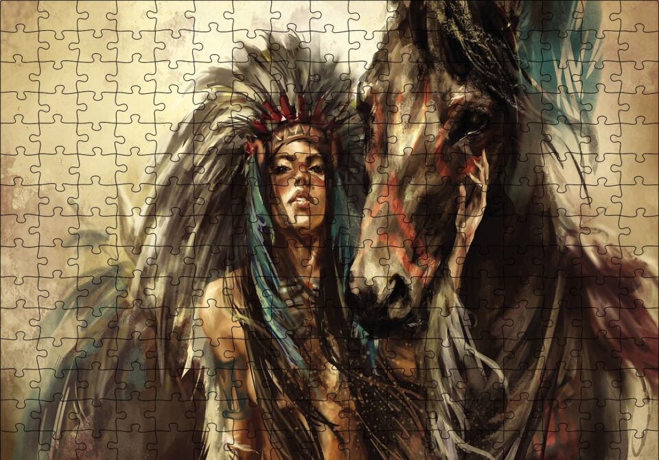 Yağlı Boya At Kızılderili Kadın Puzzle Yapboz MDF Ahşap 255 Parça 34 cm X 49 cm