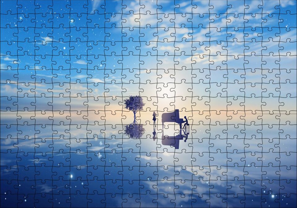 Fantastik Ortam Piyanist ve Kemancı Kız Puzzle Yapboz MDF Ahşap 255 Parça 34 cm X 49 cm