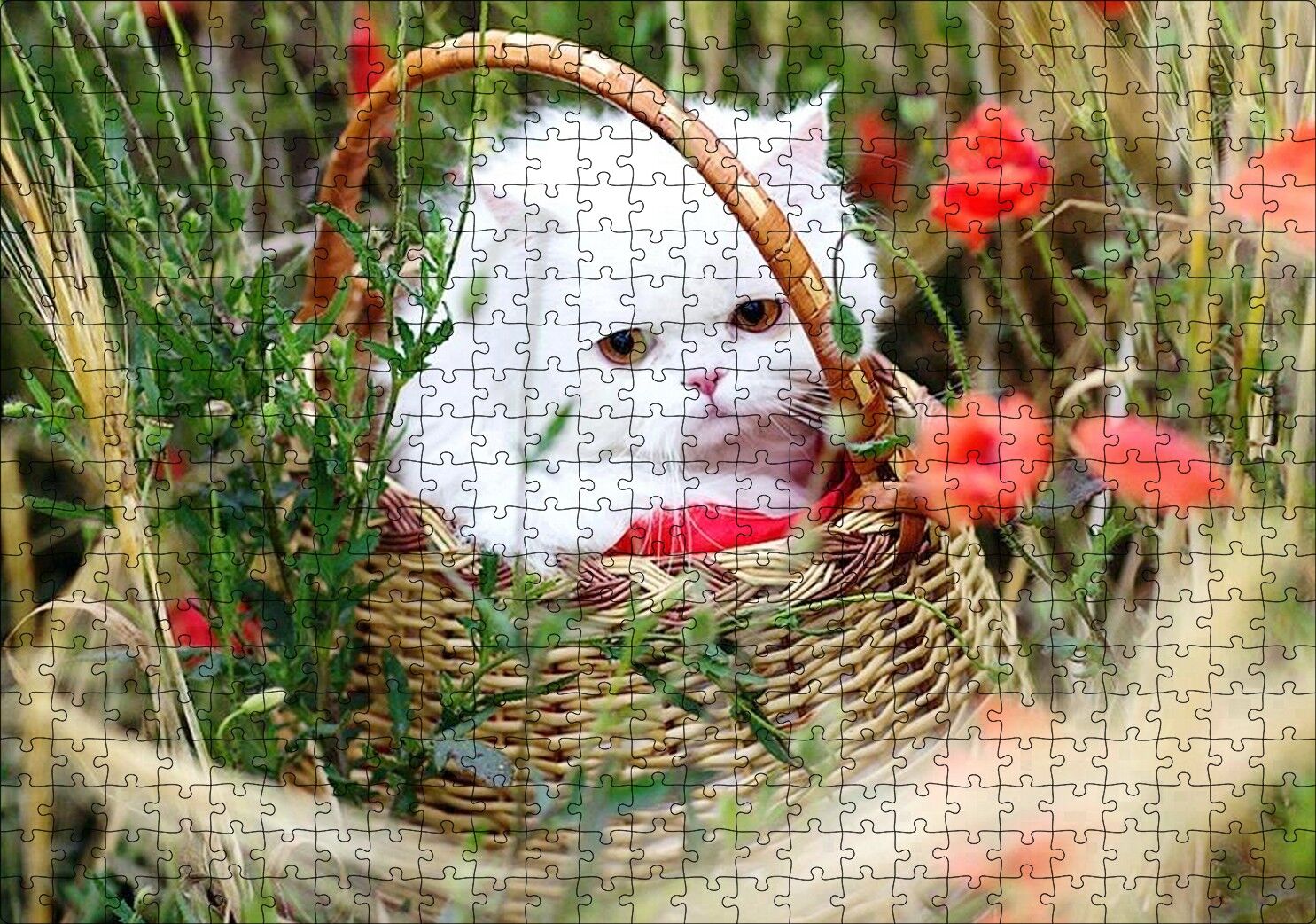 Beyaz Kedi Sepet İçinde Doğada Puzzle Yapboz MDF Ahşap 500 Parça 49 cm X 68 cm