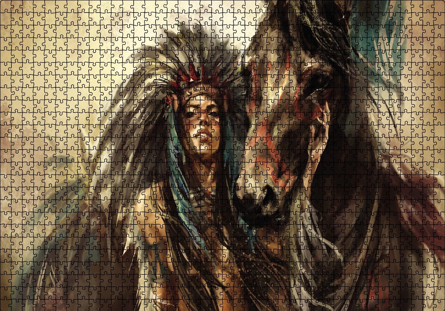 Yağlı Boya At Kızılderili Kadın Puzzle Yapboz MDF Ahşap 1000 Parça 49 cm X 68 cm