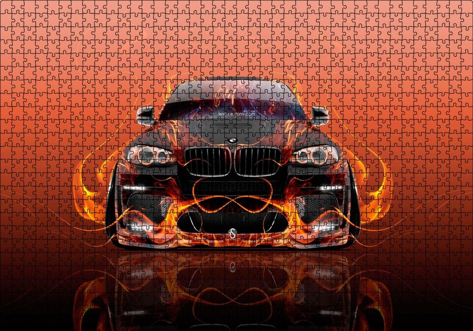 BMW X6 ve Kırmızı Alevler Puzzle Yapboz MDF Ahşap 1000 Parça 49 cm X 68 cm