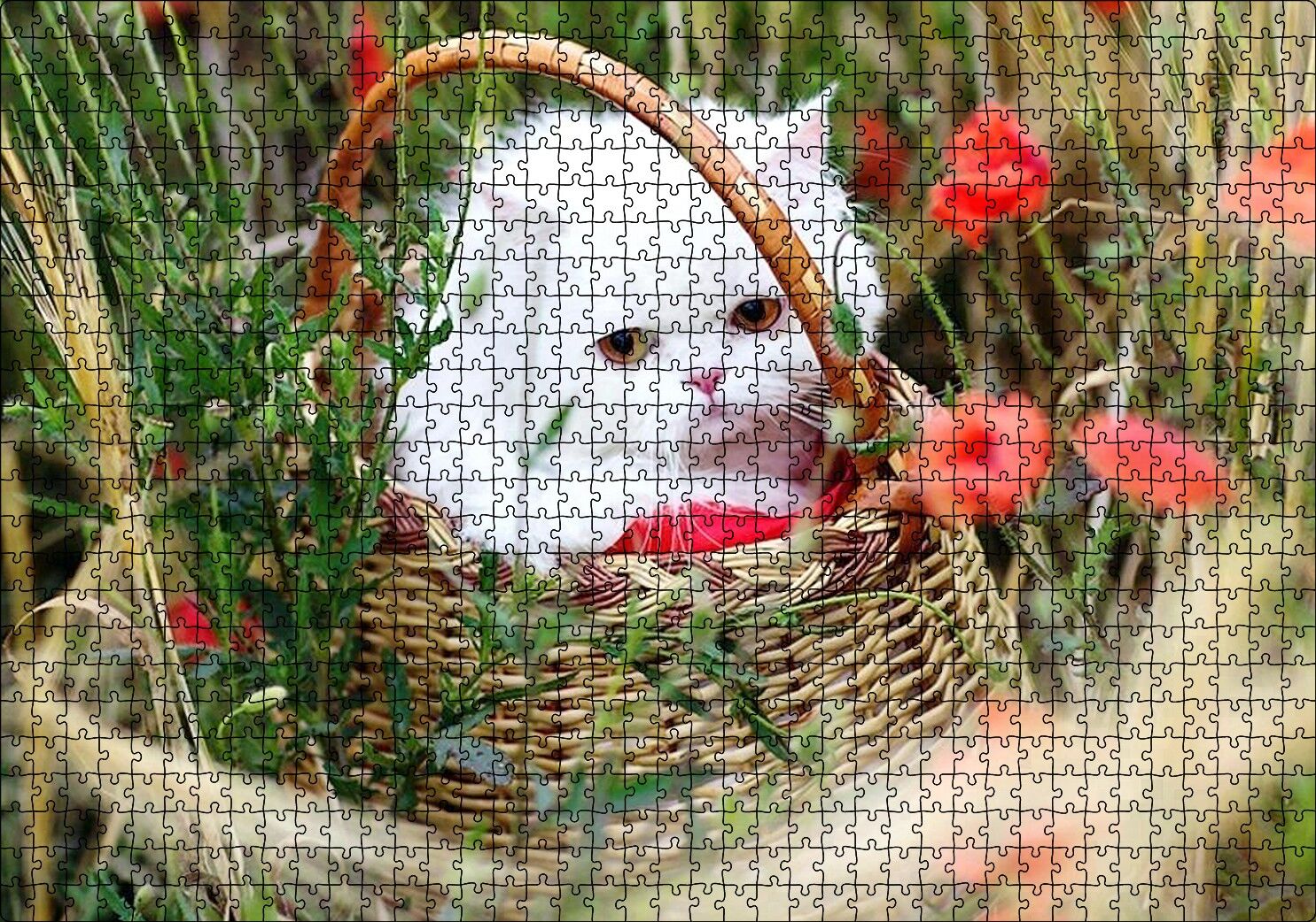Beyaz Kedi Sepet İçinde Doğada Puzzle Yapboz MDF Ahşap 1000 Parça 49 cm X 68 cm