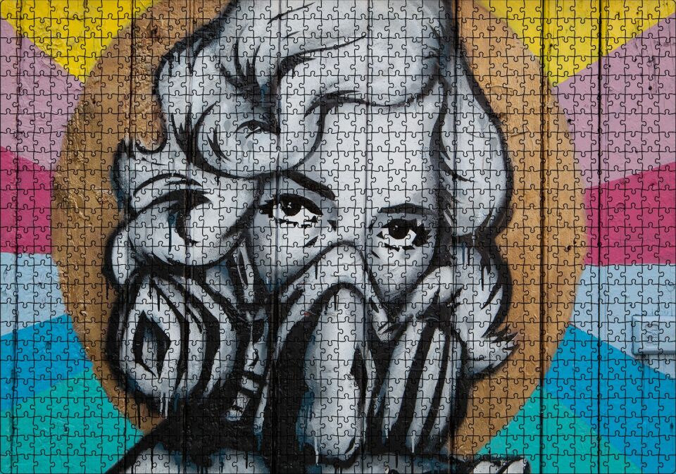 Maskeli Kadın Duvar Boyama Puzzle Yapboz MDF Ahşap 1000 Parça 49 cm X 68 cm