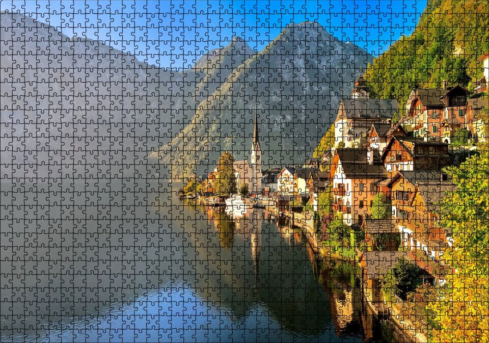 Goisern Hallstättersee Avusturya Doğada Evler Görseli Puzzle Yapboz MDF Ahşap 1000 Parça 49 cm X 68 cm