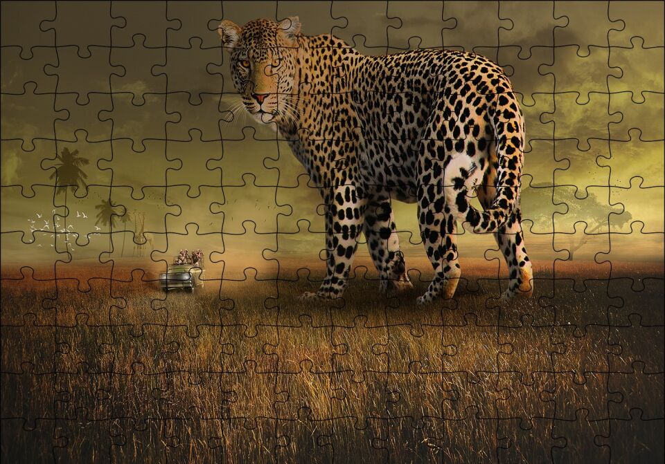 Safaride Turistler ve Leopar Kompozisyon Puzzle Yapboz MDF Ahşap