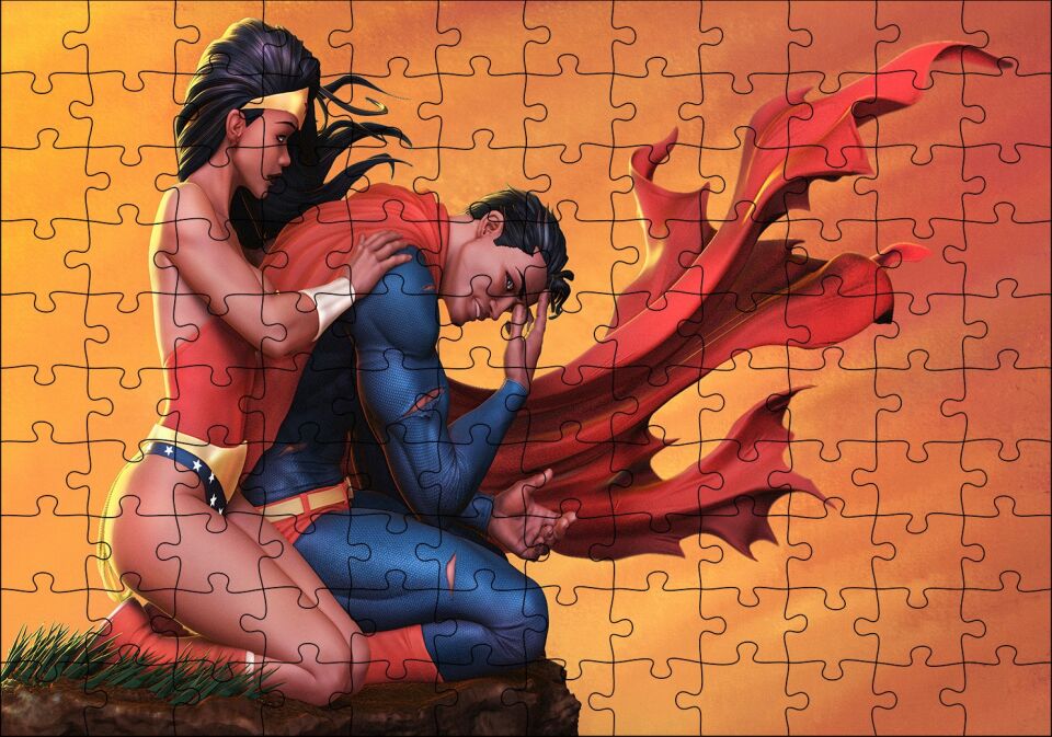 Süpermen Ve Sarılan Harika Kadın Görseli Puzzle Yapboz MDF Ahşap