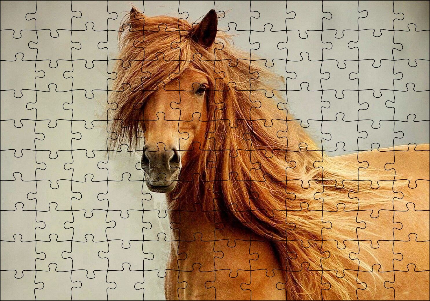 Olağanüstü Yelesiyle Kahverengi At Gri Zemin Puzzle Yapboz MDF Ahşap 120 Parça 24 cm X 34 cm