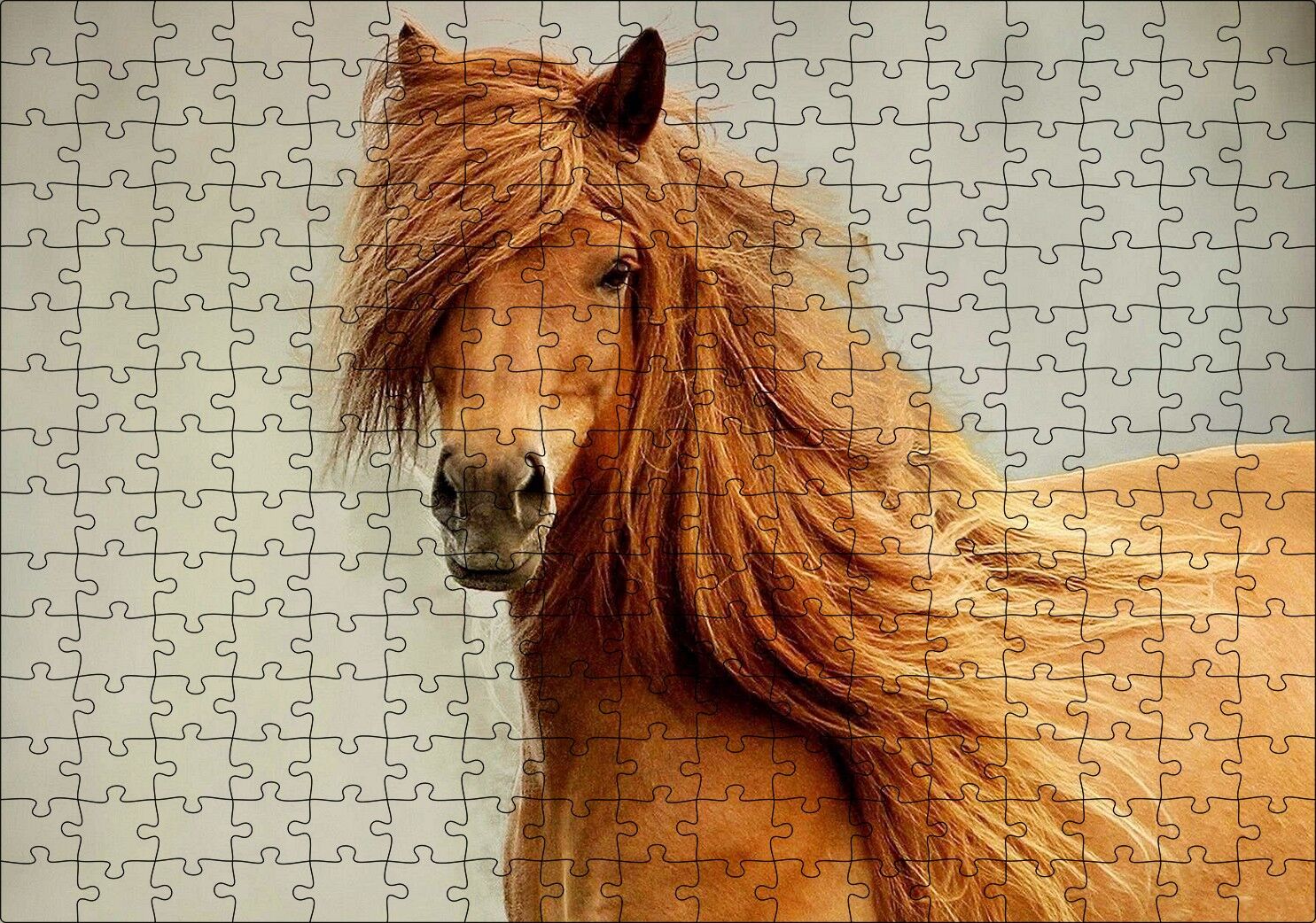 Olağanüstü Yelesiyle Kahverengi At Gri Zemin Puzzle Yapboz MDF Ahşap 255 Parça 34 cm X 49 cm