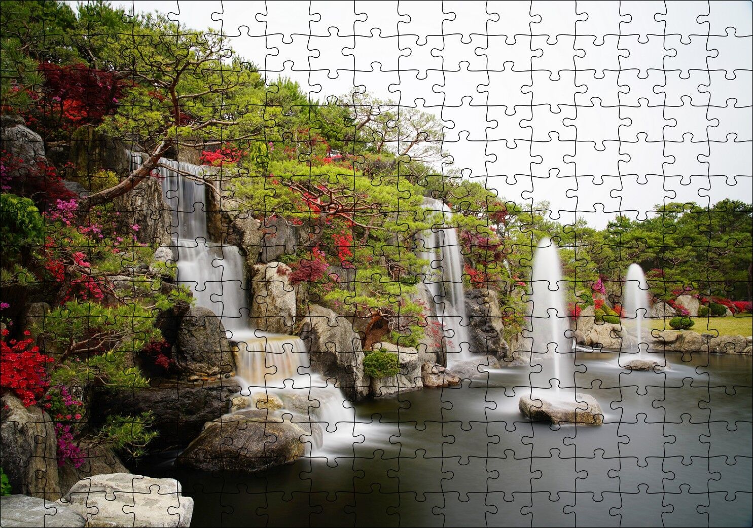 Şelale Fıskiyeler Ağaçlar ve Açelyalar Puzzle Yapboz MDF Ahşap 255 Parça 34 cm X 49 cm
