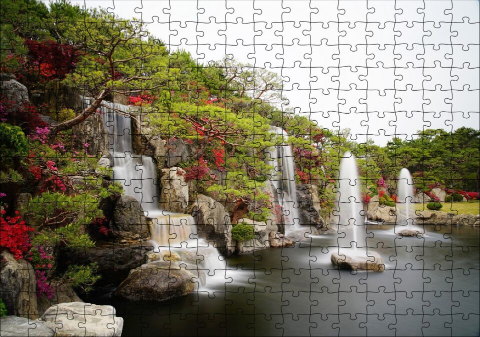Şelale Fıskiyeler Ağaçlar ve Açelyalar Puzzle Yapboz MDF Ahşap 255 Parça 34 cm X 49 cm