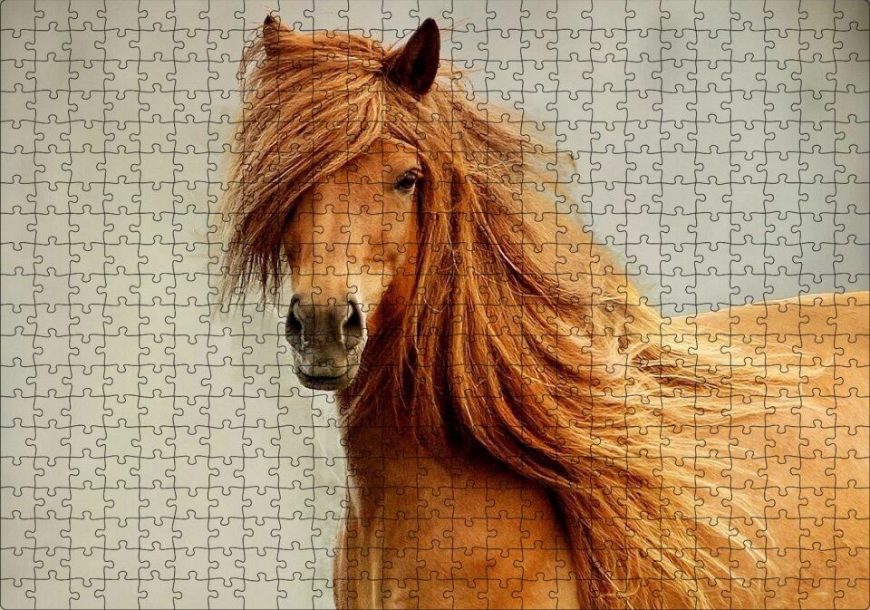 Olağanüstü Yelesiyle Kahverengi At Gri Zemin Puzzle Yapboz MDF Ahşap 500 Parça 49 cm X 68 cm