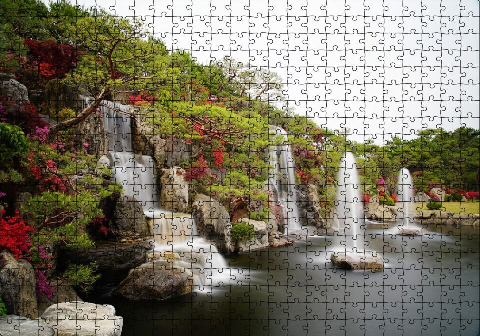 Şelale Fıskiyeler Ağaçlar ve Açelyalar Puzzle Yapboz MDF Ahşap 500 Parça 49 cm X 68 cm