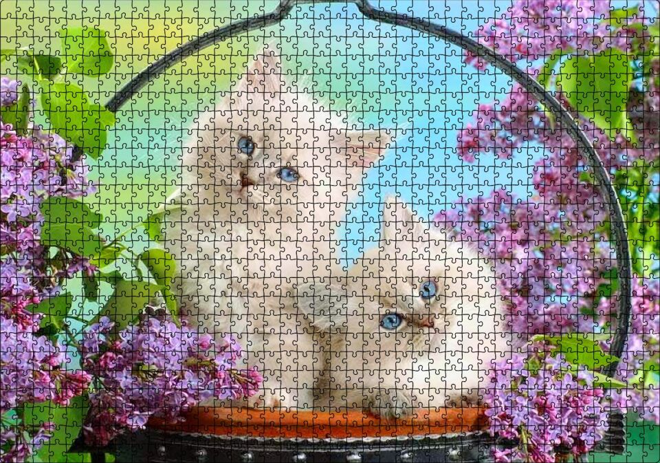 Çiçek Ve Sevimli Kediler Puzzle Yapboz MDF Ahşap 1000 Parça 49 cm X 68 cm