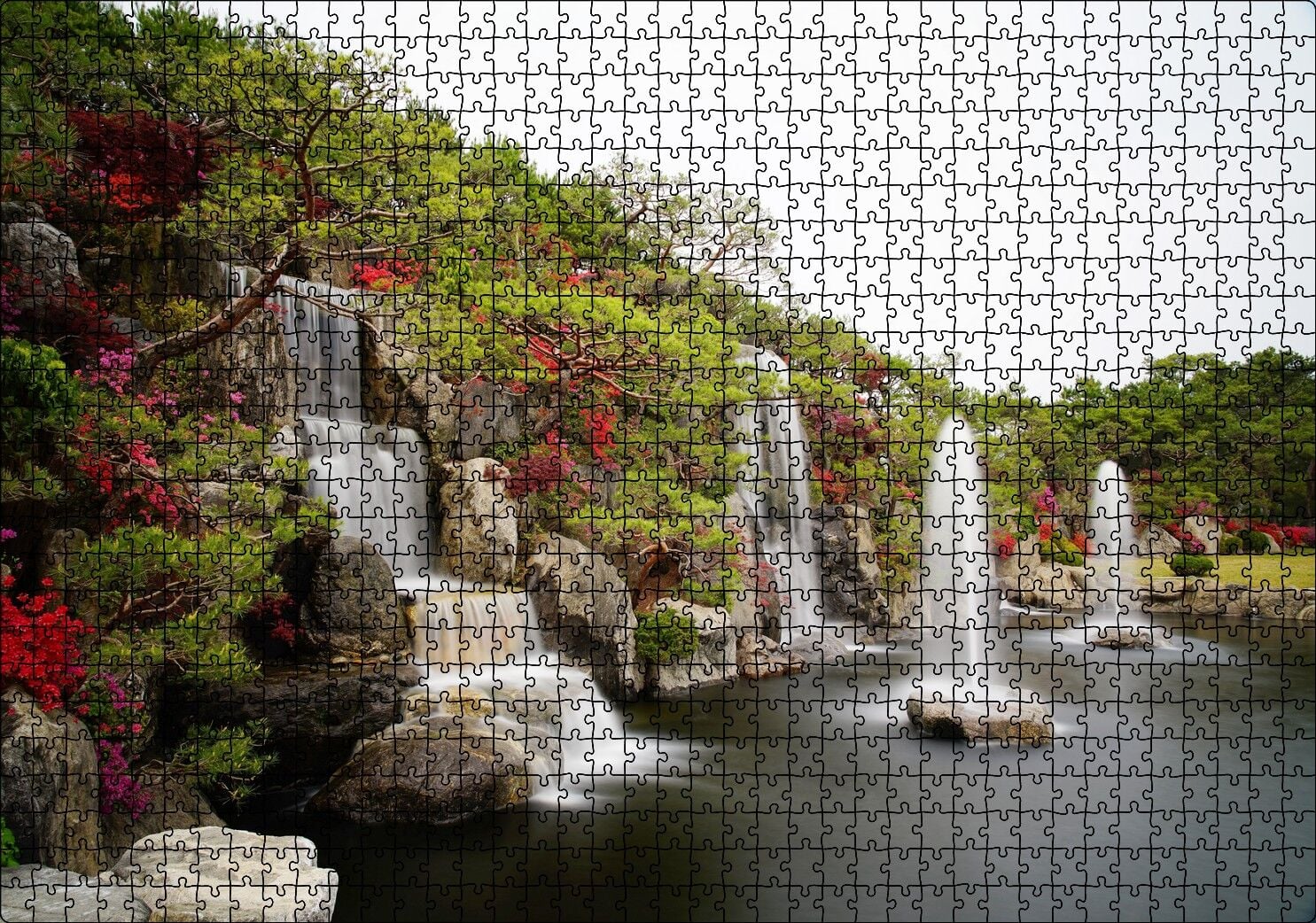 Şelale Fıskiyeler Ağaçlar ve Açelyalar Puzzle Yapboz MDF Ahşap 1000 Parça 49 cm X 68 cm