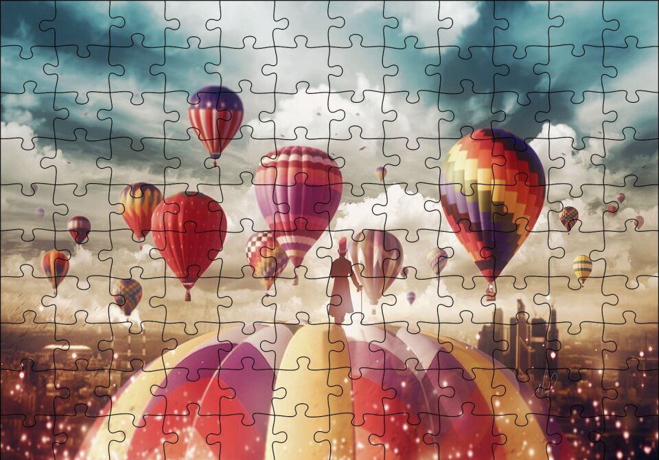 Sıcak Hava Balonları ve Bulutlar Puzzle Yapboz MDF Ahşap