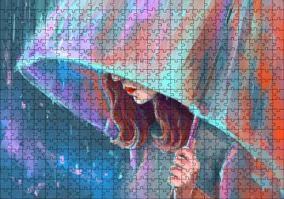 Şemsiye Tutan Kadın Görseli Puzzle Yapboz MDF Ahşap 500 Parça 49 cm X 68 cm