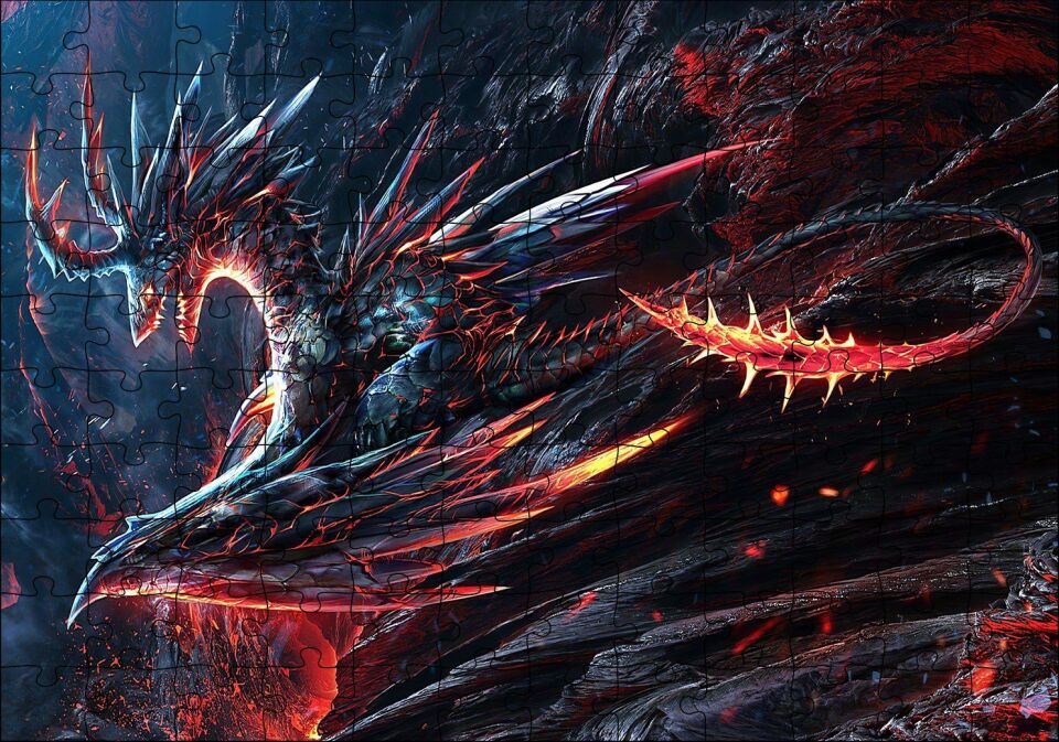 Alevden Yapılmış Ürkütücü Ejderha Puzzle Yapboz MDF Ahşap