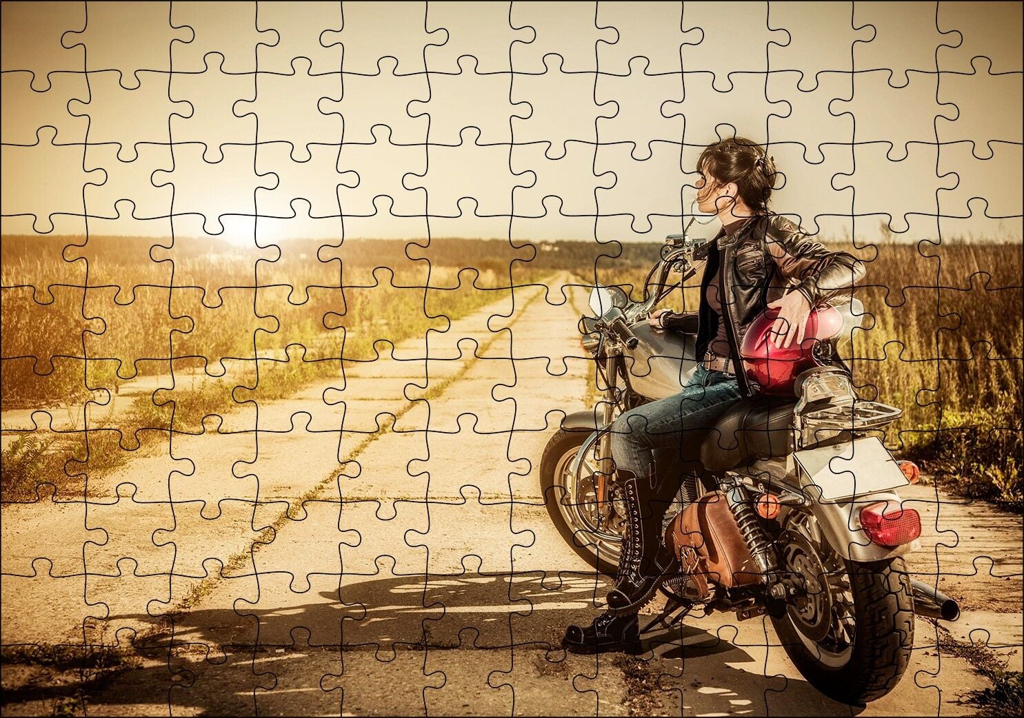 Motorcu Gezgin Kız Görseli Puzzle Yapboz MDF Ahşap 120 Parça 24 cm X 34 cm