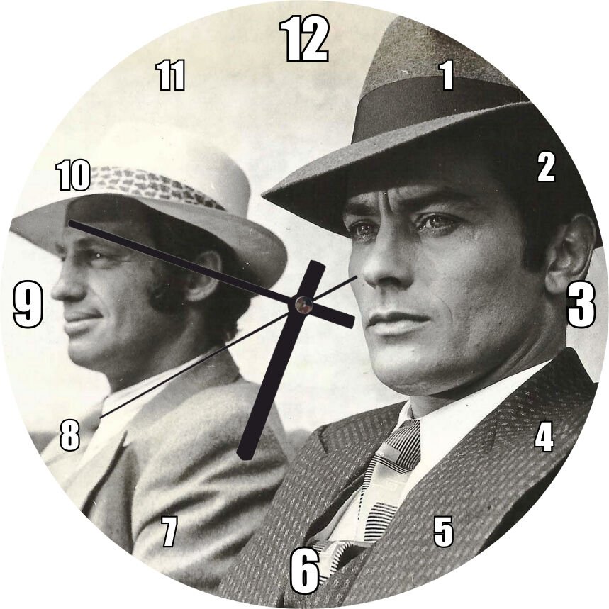 Jean Paul Belmondo ve Alain Delon Siyah Beyaz Mdf Ahşap Duvar Saati 30 cm Çap