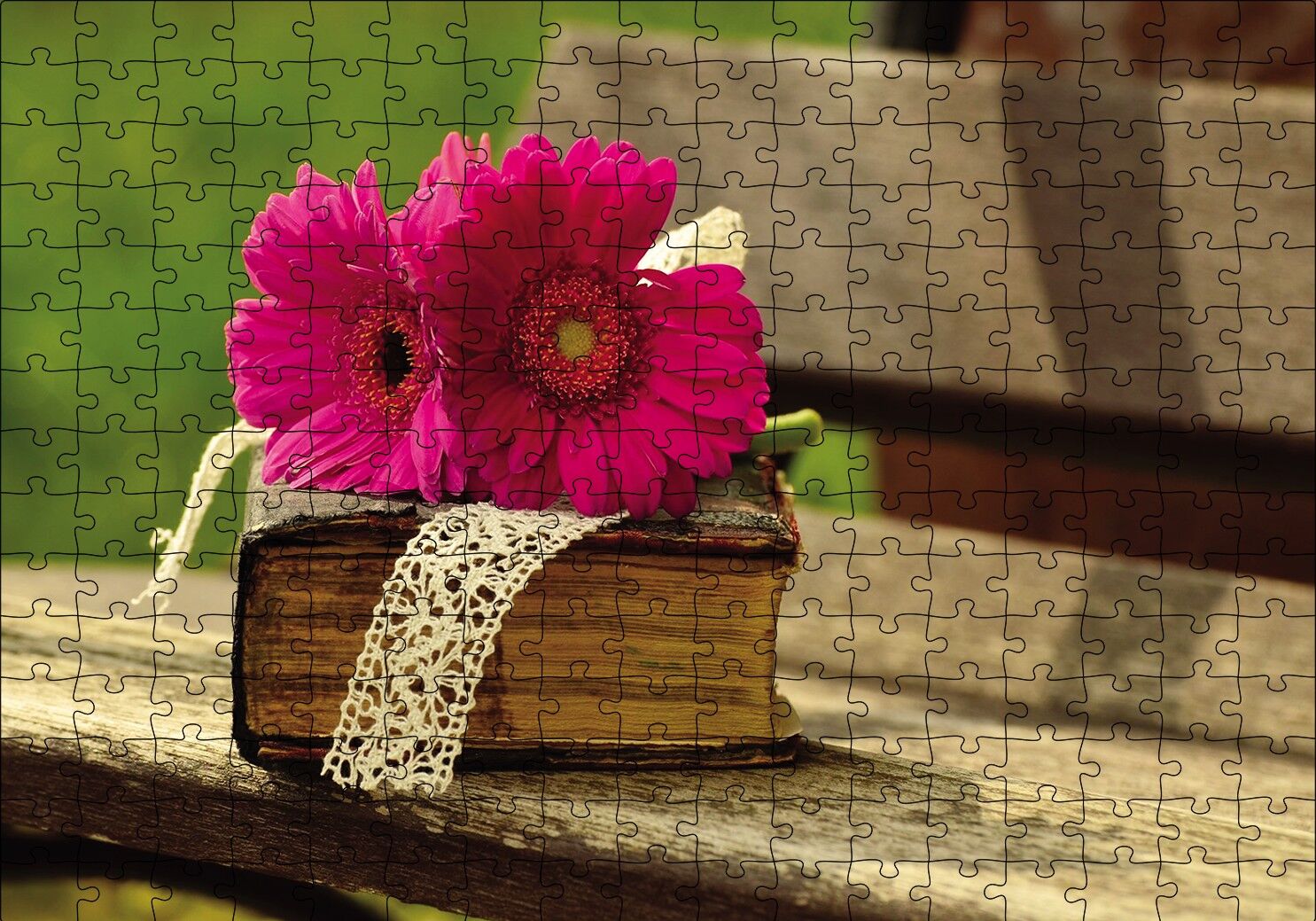 Gerbera, Eski Kitap ve Dantel Puzzle Yapboz MDF Ahşap 255 Parça 34 cm X 49 cm