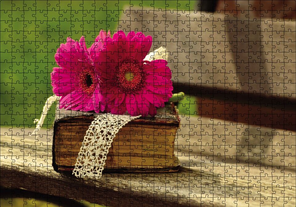 Gerbera, Eski Kitap ve Dantel Puzzle Yapboz MDF Ahşap 500 Parça 49 cm X 68 cm