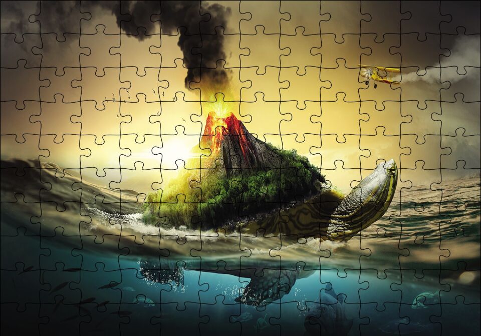 Kaplumbağa Sırtında Yanar Dağ Fantazi Puzzle Yapboz MDF Ahşap