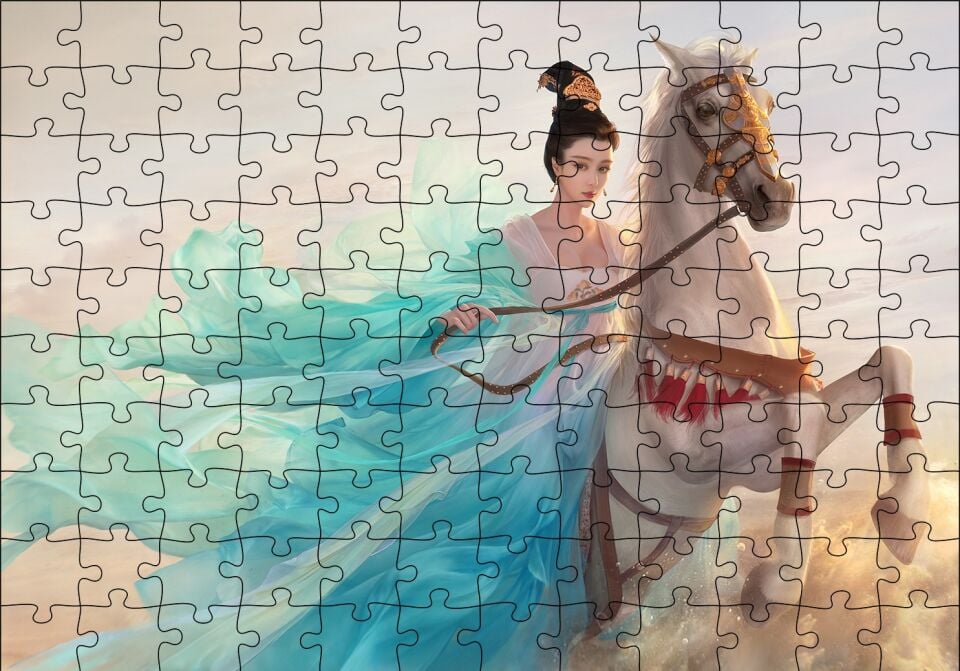 Beyaz Atlı Japon Prensesi Puzzle Yapboz MDF Ahşap 120 Parça 24 cm X 34 cm