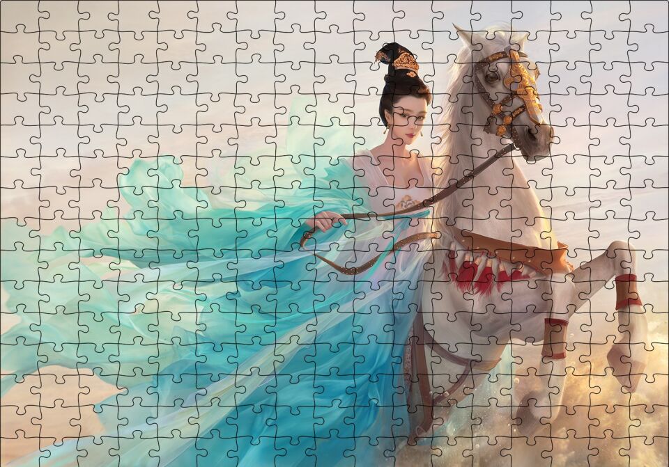 Beyaz Atlı Japon Prensesi Puzzle Yapboz MDF Ahşap 255 Parça 34 cm X 49 cm