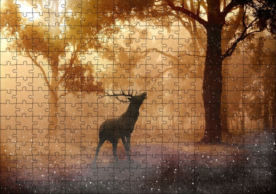 Mistik Orman Güneş Işıkları ve Geyik Puzzle Yapboz MDF Ahşap 255 Parça 34 cm X 49 cm