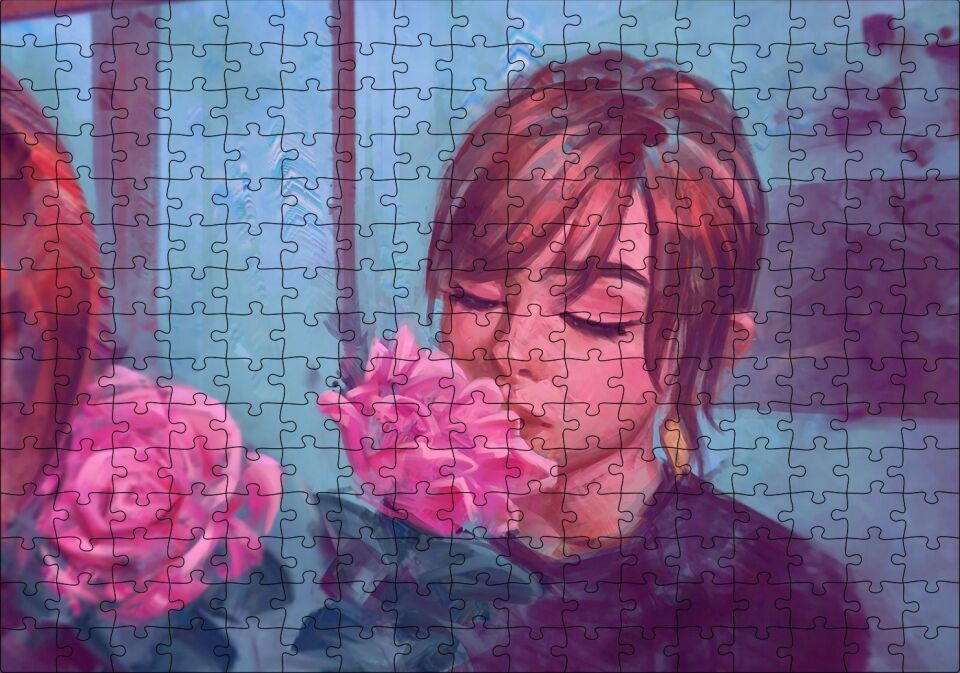 Gözleri Kapalı Kız ve Pembe Gül Puzzle Yapboz MDF Ahşap 255 Parça 34 cm X 49 cm