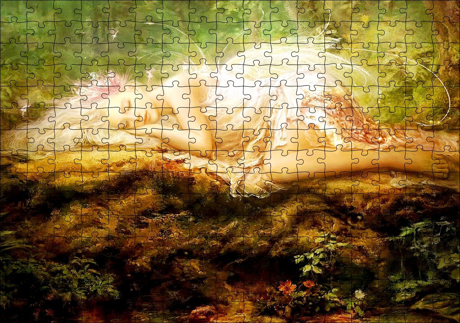 Orman Zemininde Yatan Sarı Saçlı Melek Puzzle Yapboz MDF Ahşap 255 Parça 34 cm X 49 cm