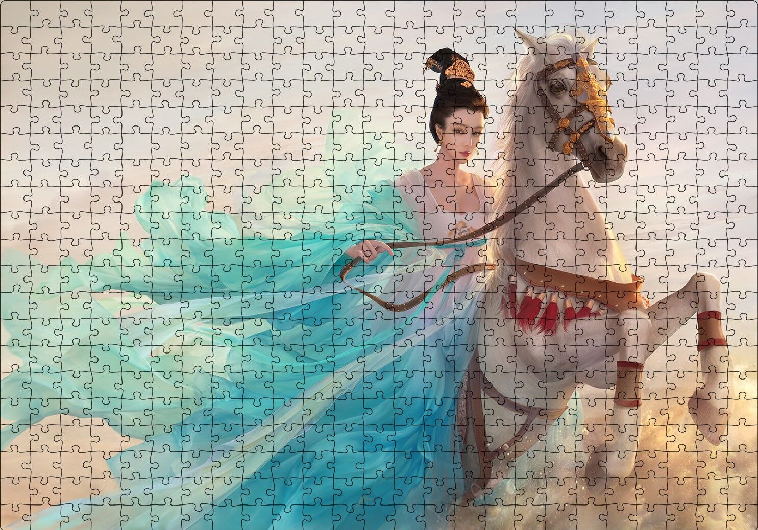 Beyaz Atlı Japon Prensesi Puzzle Yapboz MDF Ahşap 500 Parça 49 cm X 68 cm