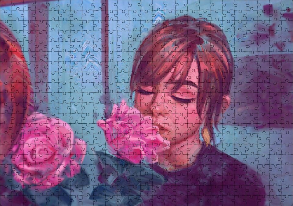 Gözleri Kapalı Kız ve Pembe Gül Puzzle Yapboz MDF Ahşap 500 Parça 49 cm X 68 cm