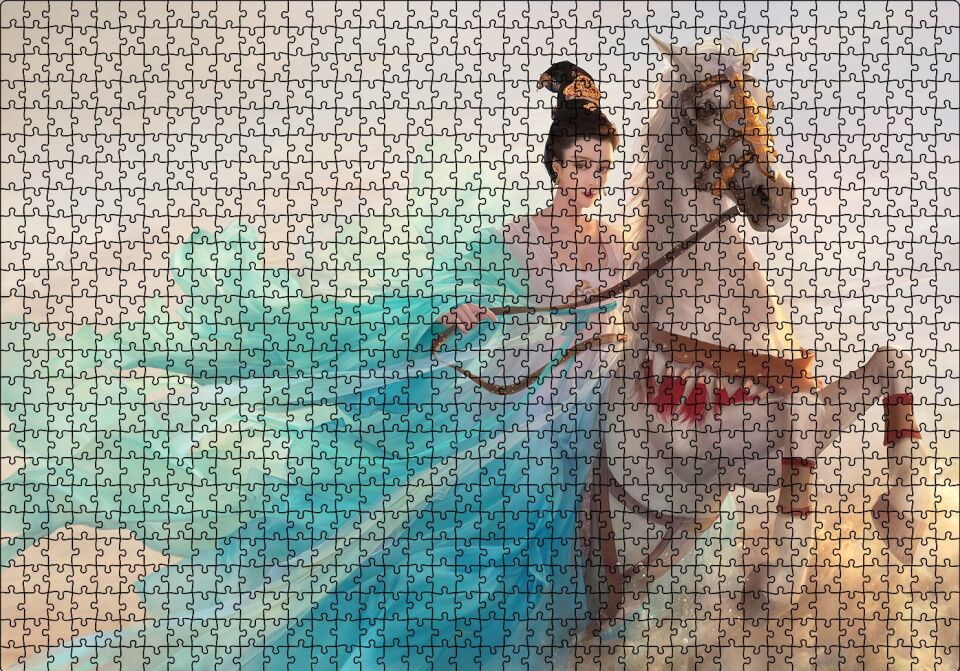 Beyaz Atlı Japon Prensesi Puzzle Yapboz MDF Ahşap 1000 Parça 49 cm X 68 cm