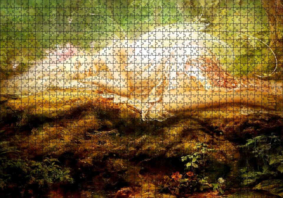 Orman Zemininde Yatan Sarı Saçlı Melek Puzzle Yapboz MDF Ahşap 1000 Parça 49 cm X 68 cm