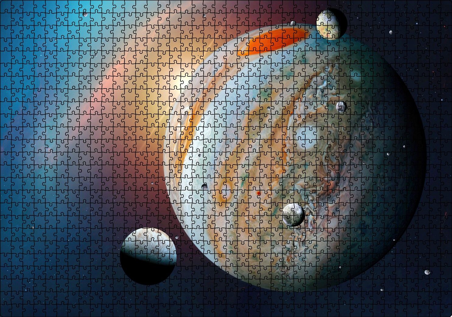 Jüpiter ve Uyduları Puzzle Yapboz MDF Ahşap 1000 Parça 49 cm X 68 cm