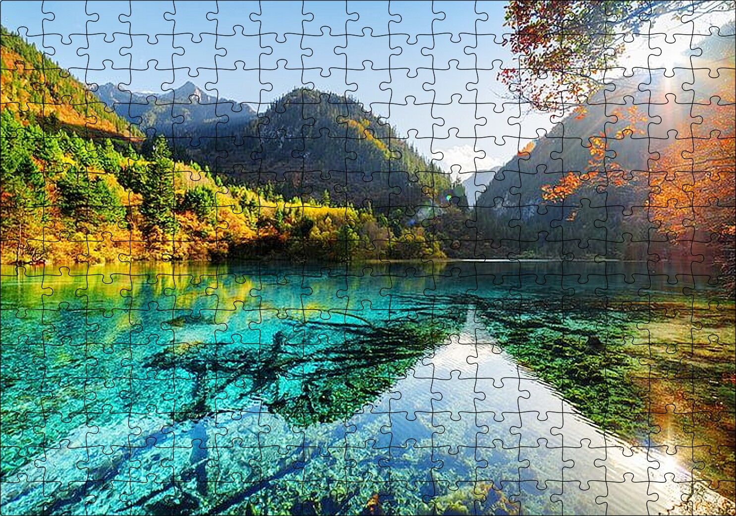 Güneş Göl Dağ Orman Manzarası Görseli Puzzle Yapboz MDF Ahşap 255 Parça 34 cm X 49 cm