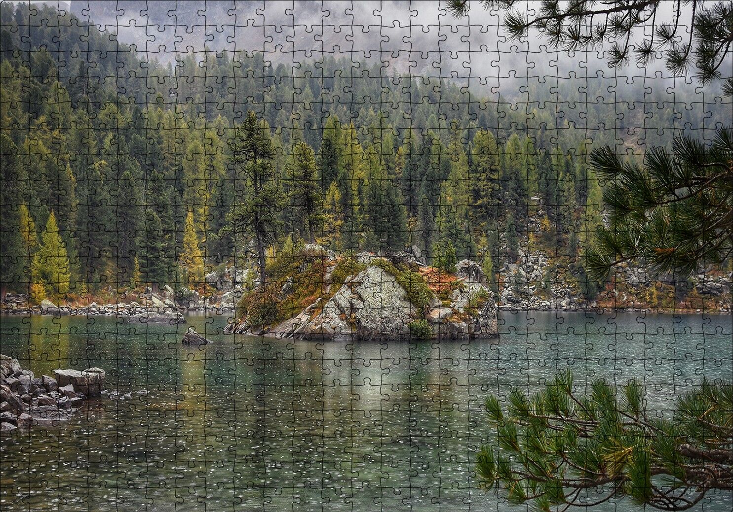Orman Göl Ada ve Yağmur Damlaları Puzzle Yapboz MDF Ahşap 500 Parça 49 cm X 68 cm