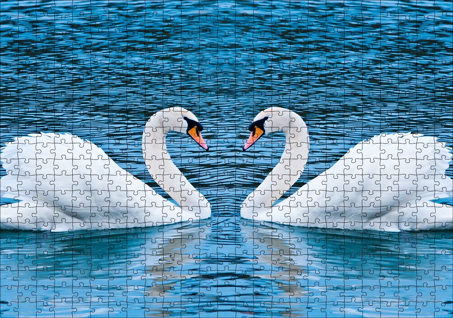 İki Beyaz Kuğu Kalp Şekli Puzzle Yapboz MDF Ahşap 500 Parça 49 cm X 68 cm
