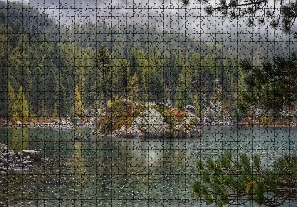 Orman Göl Ada ve Yağmur Damlaları Puzzle Yapboz MDF Ahşap 1000 Parça 49 cm X 68 cm