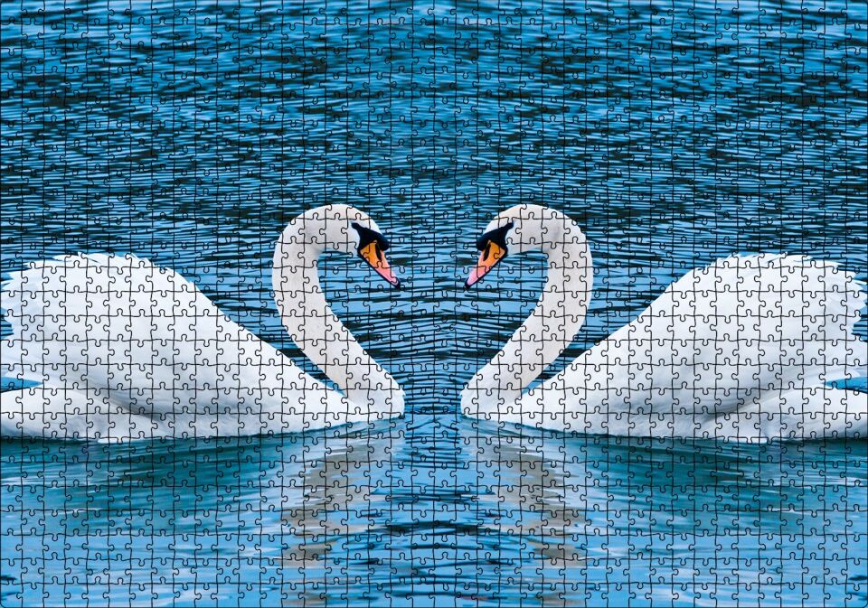 İki Beyaz Kuğu Kalp Şekli Puzzle Yapboz MDF Ahşap 1000 Parça 49 cm X 68 cm
