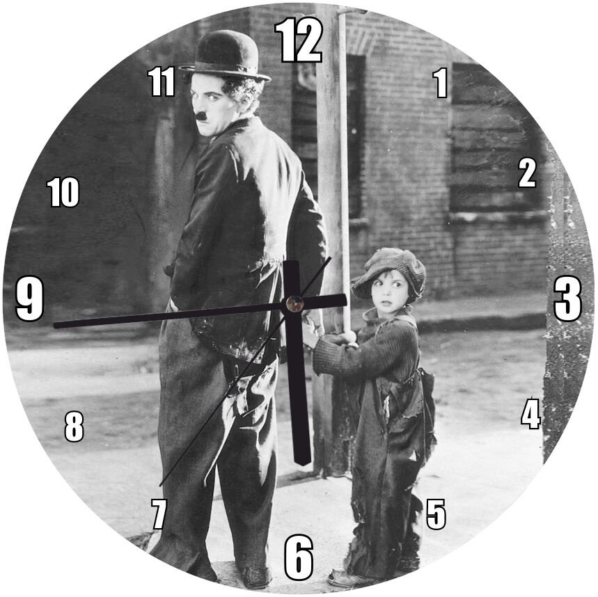 The Kid Charles Chaplin ve Jackie Coogan Mdf Ahşap Duvar Saati 50 cm Çap