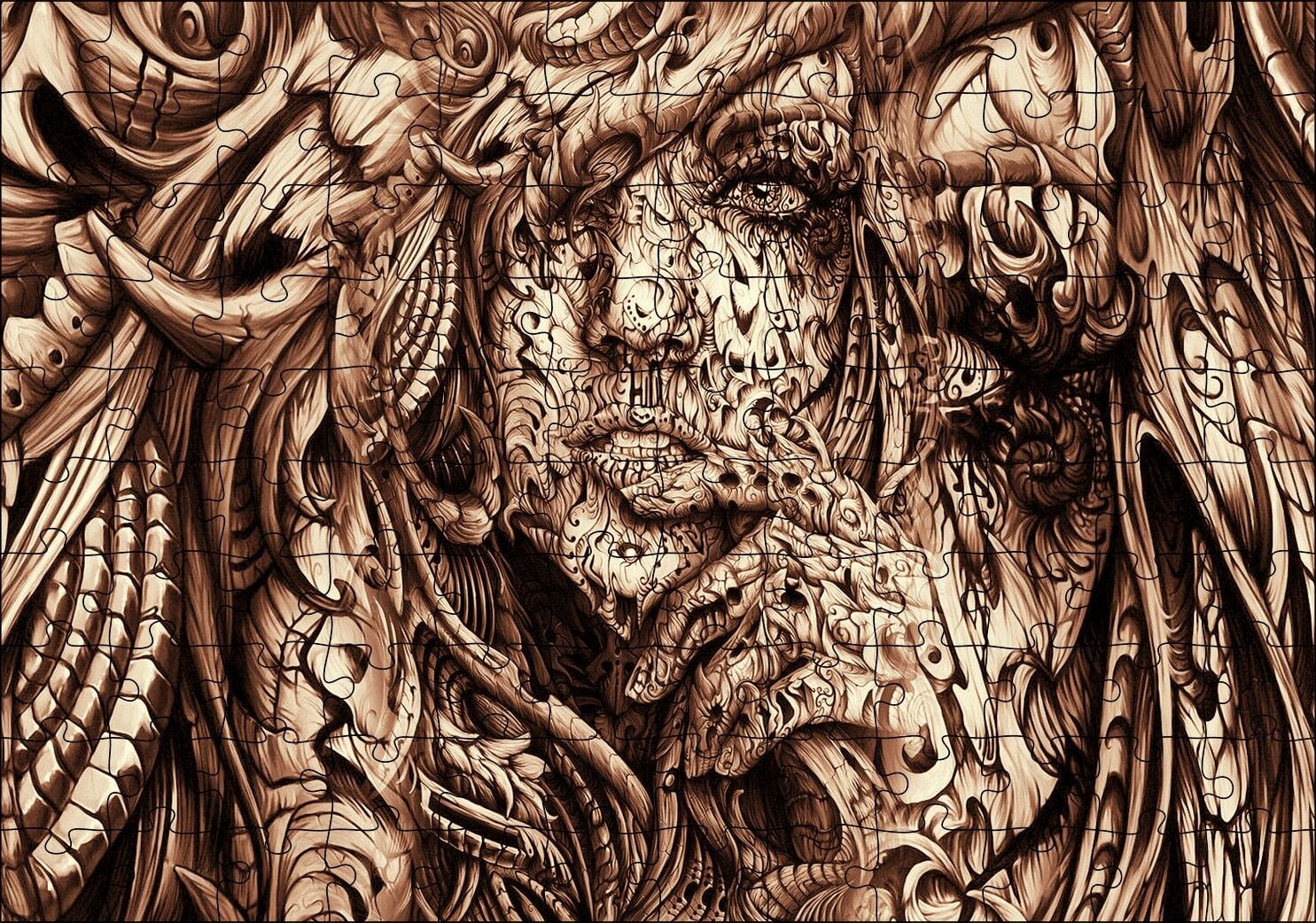 Desenler Arasında Gizli Kadın Yüzü Puzzle Yapboz MDF Ahşap 120 Parça 24 cm X 34 cm
