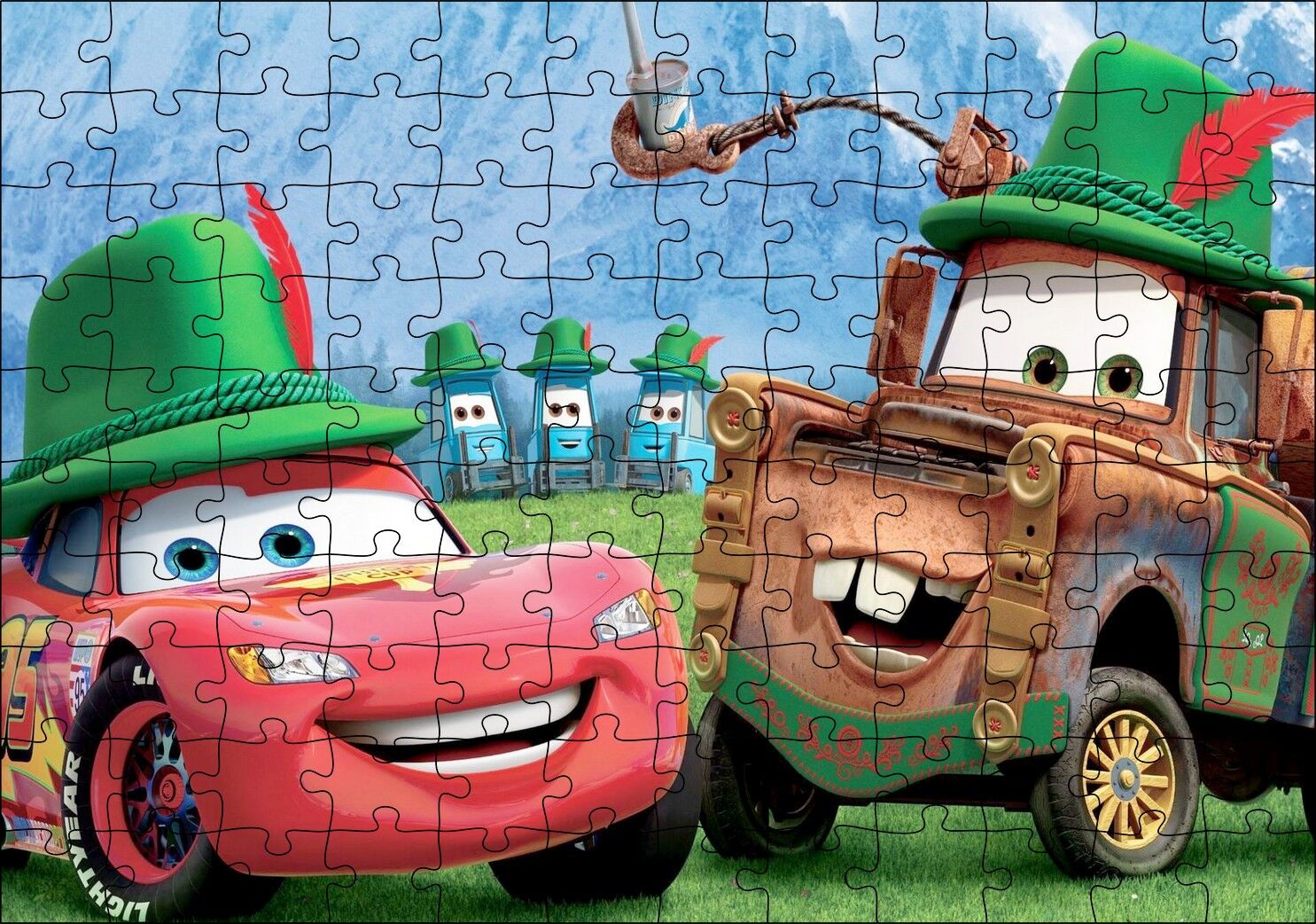 Disney Pixar Cars Tow Mater ve Şimşek McQueen İllüstrasyonu Puzzle Yapboz MDF Ahşap 120 Parça 24 cm X 34 cm