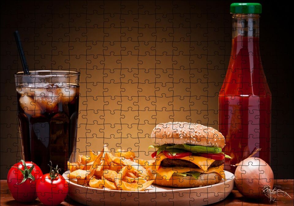 Burger Patates Ketçap Buzlu Kola Puzzle Yapboz MDF Ahşap 255 Parça 34 cm X 49 cm